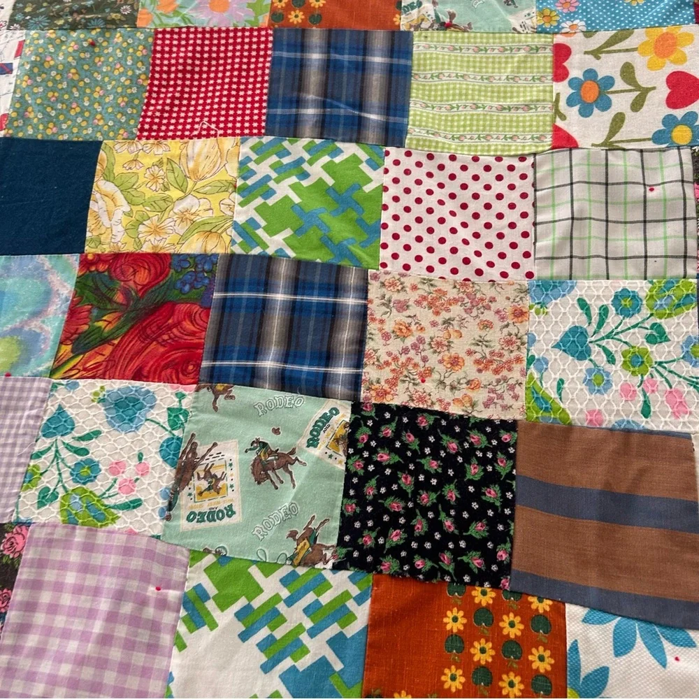 Vintage Handmade “Postage Stamp” Patchwork Quilt Multicolor Bedcover#0831256
